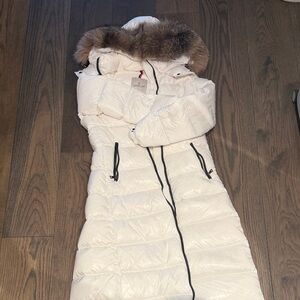 Monc Cream Puffer Coat with Fur Hood